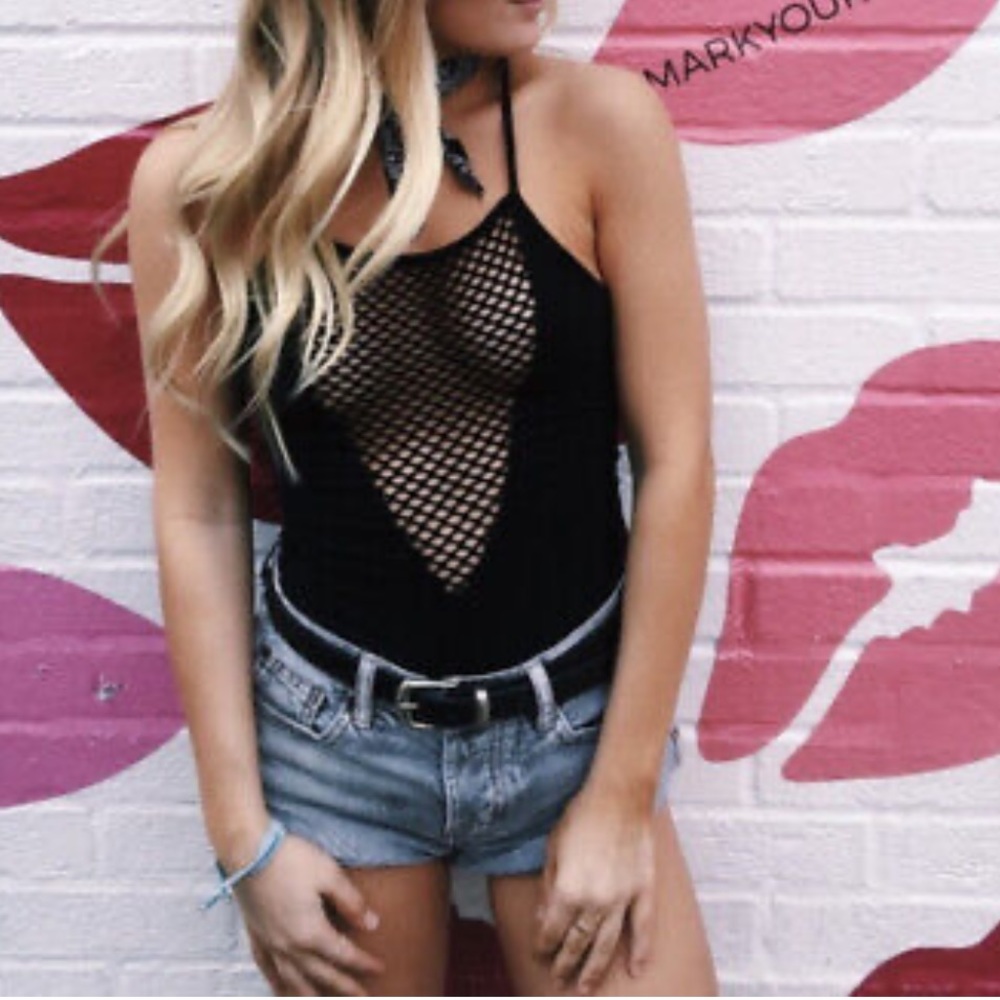 Emma & Sam Black Fishnet Halter Bodysuit